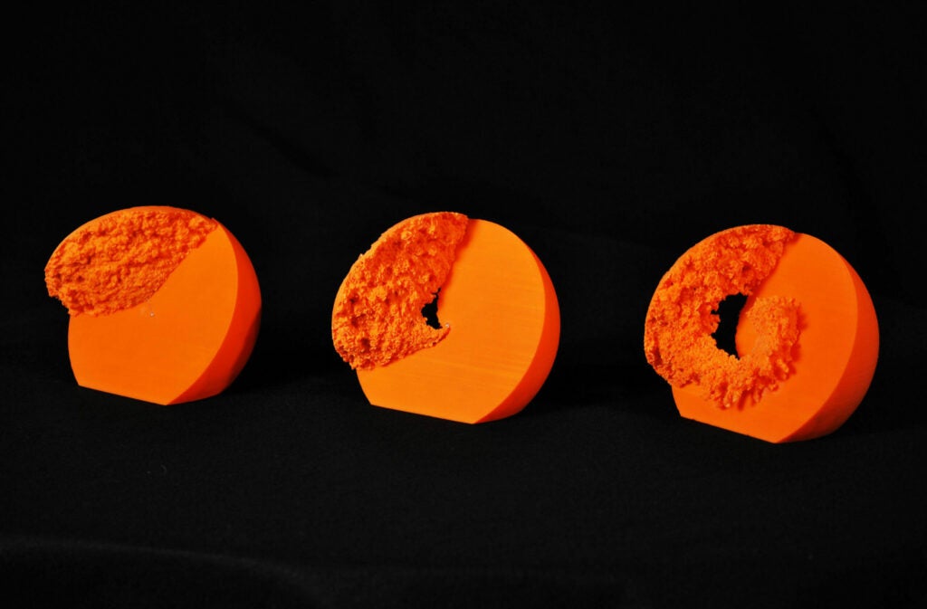 The models, produced using a 3-D printer, demonstrate the different states of protrusion at different stages of the stars' orbits. From left: the point at which the stars are the farthest apart, the point at which they are the closest, and three months after the stars are at their closest).