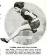 Helen Filkey, America's champion woman all-around athlete, hurdling in excellent form. Women track and field athletes will always lag behind men, experts say, because of their inferior strength, speed, and stamina.