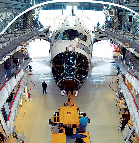 <em>The aging shuttle--one of the three remaining--gets a tune-up at the Kennedy Space Center.</em>