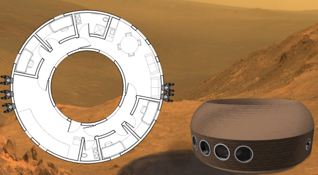 The appropriately named Donut House would be made out of a basalt clay reinforced with fibers. The ring-shaped design allows for partitioning the habitat into different segments, so that if one section gets damaged by, for example, a meteorite, the other sections can still provide shelter to astronauts.