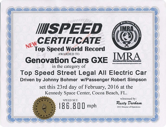 IMRA Speed Record Certificate