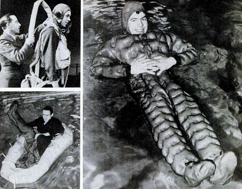 This rubber suit may look like a repurposed air mattress, but it was tested as a way to keep British Air Force pilots afloat in water. Folded up, it was easy to tuck into a collar, where it waited until it was needed in the case of a forced landing or crash at sea. Or perhaps whenever the pilot's in-laws came to visit. <em>May 1948</em>