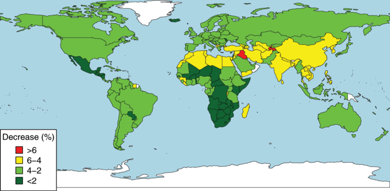 Per-country change in dietary protein intake under elevated carbon dioxide