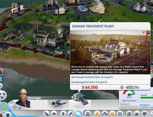 Librande said his main hope for the game was that it would make young people think critically about their environment. That includes, it seems, understanding where the tremendous amount of human waste we produce actually goes. SimCity offers you the chance to purchase an expensive waste treatment plant...or you can get the dirt cheap sewage spewer which literally just pumps it into a local forest. See the brown dots in this image? Guess what that represents.