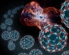 Visually telling the story of buckyballs – 60-atom carbon molecules that <a href="http://www.spitzer.caltech.edu/images/3215-ssc2010-06b-Space-Balls">Spitzer detected</a> for the first time in space earlier this year – wasn't exactly easy. Hurt and Pyle had to represent both the very large and the very small in the same frame, leading to the unique perspective seen here. "I really like how the buckyball renders came out, especially how each one is lit from its own bonds between atoms (as opposed to all of them being lit from an external light source, the way molecules are often rendered)," Pyle says. "The final result just looks cool...like some strange bio-luminescent space organisms."