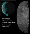 <em>Messenger</em> acquired 62 high-resolution images during its third flyby, prior to the spacecraft's closest approach to Mercury. As shown in the inset, the 62 images (blue squares) covered the entire sunlit surface of the planet, including terrain not previously imaged by spacecraft and depicted as a featureless gray strip in the inset. On the basis of information about the location of the spacecraft and the pointing of the camera, the 62 images have been fit together to create the mosaic image shown, which fills a gap that existed in the global map of Mercury prior to the flyby.