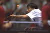 Atlanta, 30 July 1996, Games of the XXVI Olympiad. Table tennis, men's doubles: Guoliang Liu of China serves during the doubles final.