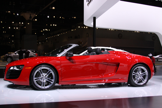 The message from Germany, on the other hand, was "Look at how incredibly badass we are." Here, the irresistible Audi R8 Spyder convertible.