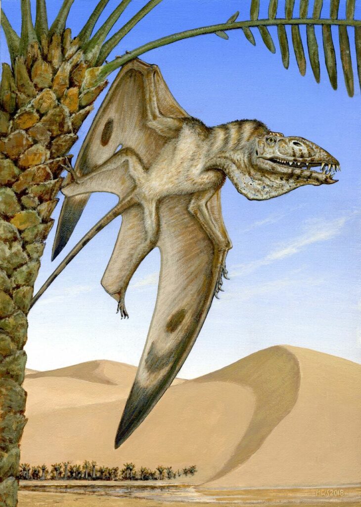 an illustration of a dinosaur flying through a desert