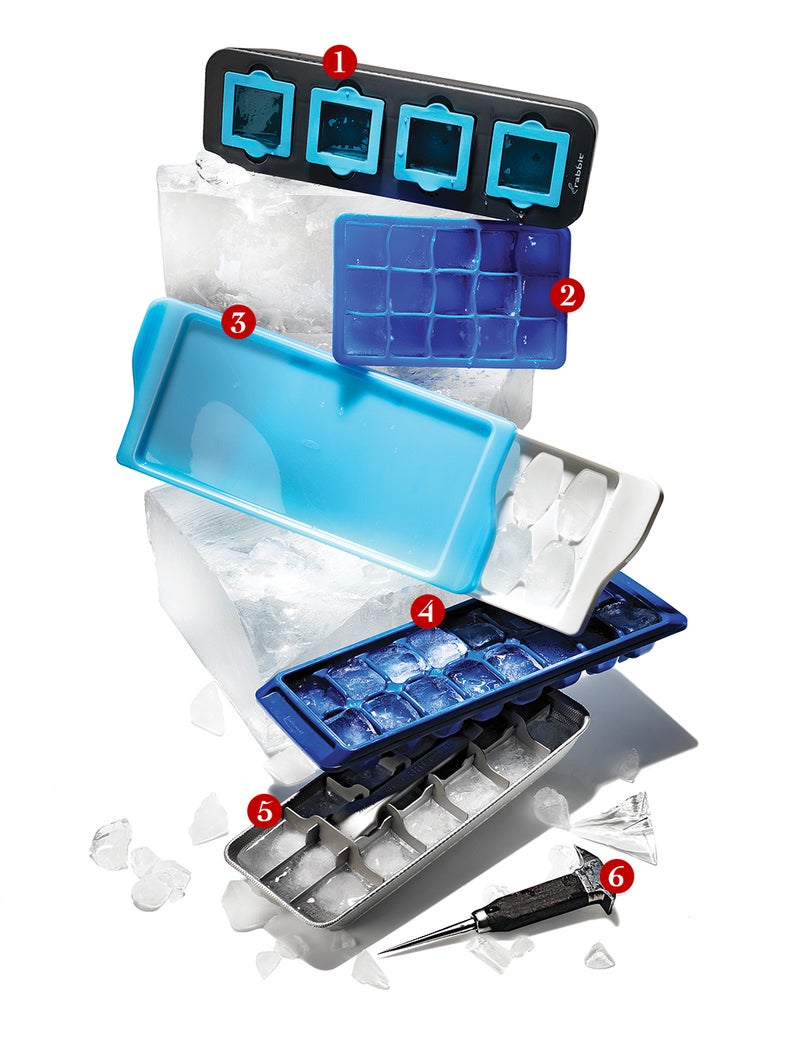 Ice cube trays and an ice pick