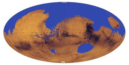An illustration of what Mars might have looked like some 3.5 billion years ago when an ocean likely covered one-third of the planetÕs surface, according to a new University of Colorado at Boulder study. (Illustration by University of Colorado)