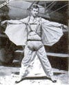 Clem Sohn jumped out of a plane 12,000 feet above Daytona Beach, Fla., with fins strapped to his arms and webbing between his legs. "The human bat glided, wheeled to the left and right, and made three loops. Then, unfurling his 'chute at 6,000 feet, he landed safely three miles from his starting point." His trip lasted twice as long as a normal parachute dive. Exactly four years after this article ran in PopSci, the character Batman first appeared in a comic. Coincidence? Read the full story in our May 1935 issue: Human Bat Makes a Three-Mile Glide.