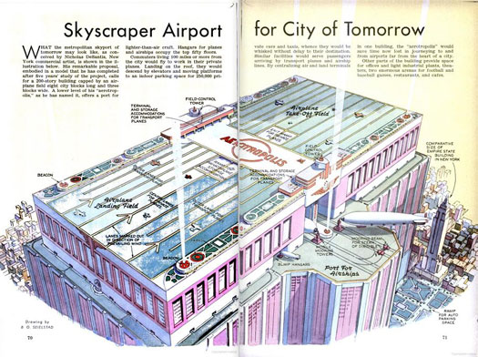 Can you imagine an airport with a built-in baseball stadium? Nicholas DeSantis, a New York commercial artist, could. The "aerotropolis," as imagined in midtown Manhattan, requires a 200-story building and would have allowed commuters to fly to work in their private planes. Read the full story in "Skyscraper Airport for City of Tomorrow"