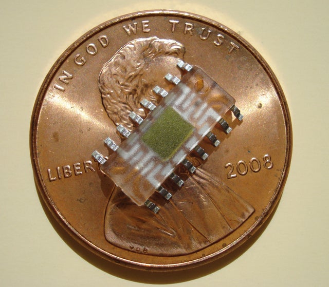 A Clare solar cell on top of a US penny.