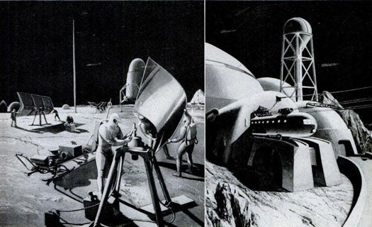The moon's first settlers would face numerous environmental challenges, including the lack of water and oxygen, as well as extreme temperatures. Ralph A. Smith, an English rocket scientist and illustrator, provided these imaginings of lunar life. On the far left, pioneer space workers set up solar-powered generators and a radio mast. On the right, rock domes house an atomic-powered moon city where residents farm algae and ride trains to other colonies. Read the full story in "Rocket Experts Show How We Can Live On the Moon"