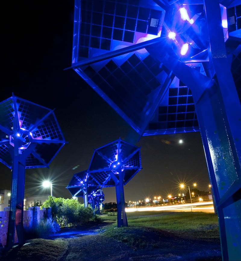 At night, the SunFlowers take the energy collected from the sun and use it to power their blue LEDs, providing attractive visuals in darkness.
