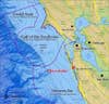 Regional map showing National Marine Sanctuary boundaries, Bay Area faults and the location of the data collected at Mavericks.