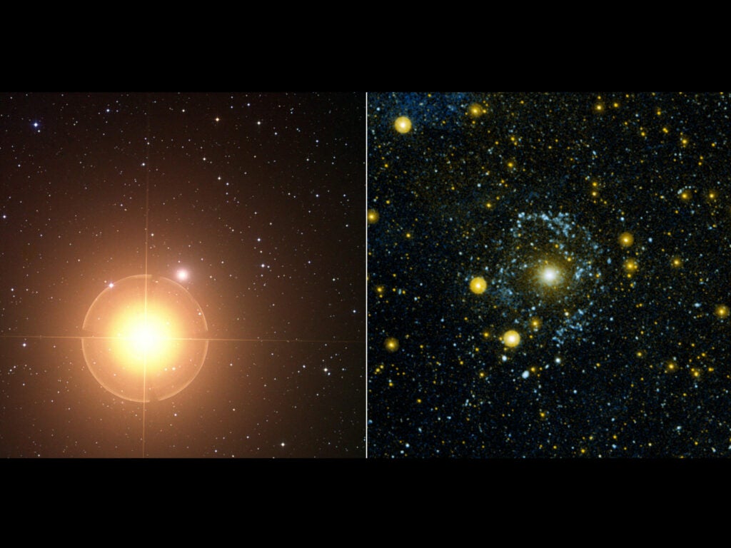 These images show the galaxy nicknamed "Ghost of Mirach" in visible-light (left) and in ultraviolet (right), as seen by the Galaxy Evolution Explorer.