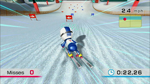 Balance games include ski slalom (shown), ski jump, and soccer heading.