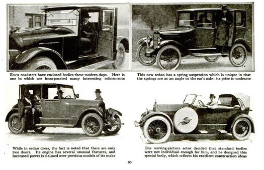If you were a car owner during the spring of 1920, you probably would have lusted over these cars. "Stop and admire the luxurious smartness of these automobile bodies," we wrote. "Wouldn't you be proud to own one?" Roadsters with enclosed bodies, and two-door sedans, were among the trendier models. We were also impressed by actress Clara Kimball Young, who owned a specially-built convertible with ninety horsepower. Read the full story in "Very Latest Fashions in Automobile Bodies"