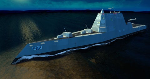 The spinning dishes and antennas common to today´s ships easily register on enemy radar, so the DDG1000 will instead feature communications hardware that lies flat, embedded in the skin of the deckhouse. This sleek design, combined with a hull that slopes inward from sea level up, rather than outward like most ships, will scatter the energy from an enemy´s radar, making the Zumwalt appear as tiny as a fishing boat on radar scanners.