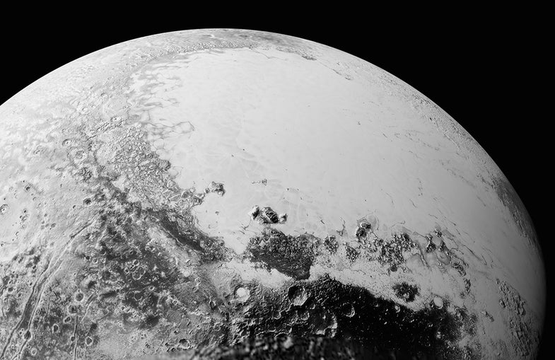 “The surface of Pluto is every bit as complex as that of Mars,” said New Horizons geologist Jeff Moore. This view (from about 1,100 miles above Pluto's equator) shows a dark, heavily cratered region near the equator as well as the smoother, younger plains to the north.