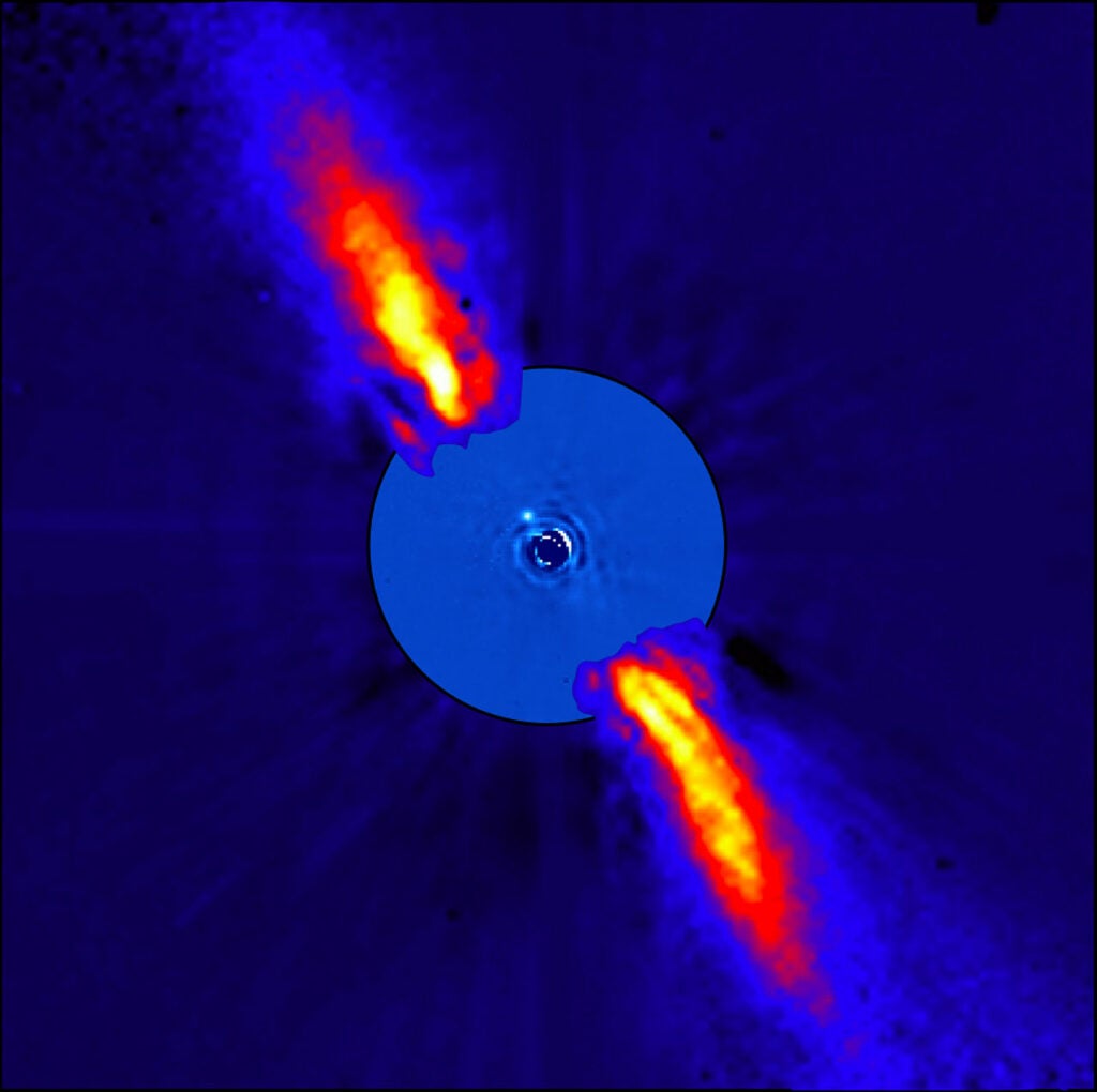 This composite image reveals the close environment of Beta Pictoris in near infrared light. The outer part shows the reflected light on the dust disc, and the inner part is the innermost part of the system.