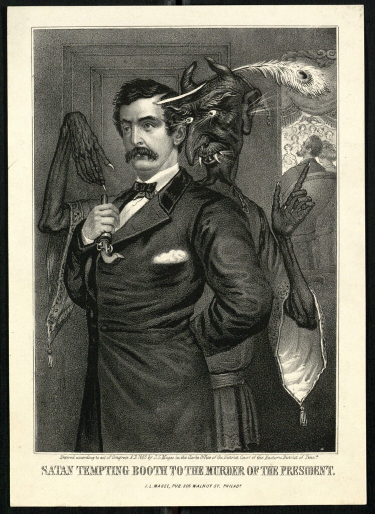 On April 15, 1865, the actor John Wilkes Booth assassinated Abraham Lincoln with a <a href="https://www.popsci.com/?image=1">pistol</a> at Ford's Theater. Here, the decision to assassinate Lincoln is depicted as the devil's work, with a curiously dressed Satan helpfully telling Booth to use that gun in his hand on the man sitting over there. Satan is also balancing a peacock feather on his head for some reason. Extra evil? Not sure.