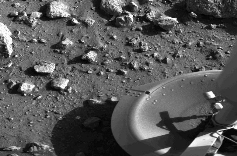 The first image from the surface of Mars, taken by Viking 1 moments after it landed July 20, 1976.
