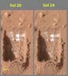 These two images show the sublimation of ice (transition from solid directly to gas) over a four-day period in a trench named "Dodo-Goldilocks." The trench was dug by Phoenix's Robotic Arm.
