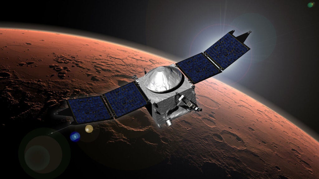 The MAVEN spacecraft, here depicted in an artist’s conception, was built by aerospace company Lockheed Martin. About the length of a school bus, the spacecraft is solar-powered and equipped with an antenna to communicate with Earth. MAVEN is the first mission dedicated to exploring Mars’s upper atmosphere.