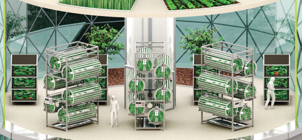 Even a few insects or pathogens could decimate the enclosed crops, so farmers entering the building must don containment suits and pass through airlocks. Scientists will coat plants with genetically modified bacteria that glow in the presence of a threatening disease or pest, alerting farmers to an outbreak.