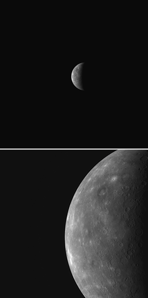 <em>Messenger</em> captured these two images of an approaching Mercury. The top image was taken by its Wide-Angle-Camera (WAC), while the bottom image was acquired by the Narrow-Angle-Camera (NAC). The dual cameras provide complementary images, both valuable for understanding the nature of Mercury's surface. The NAC is higher in resolution than the WAC and is used to see the details of geologic features. The WAC can be used to create enhanced-color images that highlight differences in the composition of rocks on Mercury's surface. Enhanced-color images from the first two flybys have been used to map Mercury's crust.