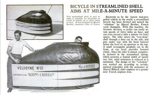 Marcel Berthet inside his Velodyne recumbent bicycle in the December 1933 issue of Popular Science magazine.