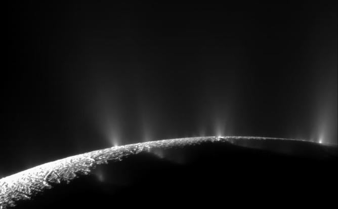 Water geysers erupting from south polar region of Saturn’s moon Enceladus.