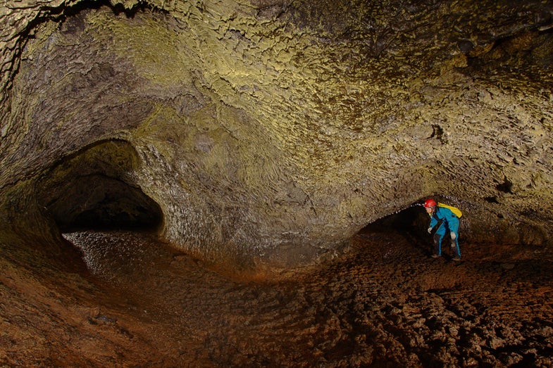 Yellow microbial mats on the walls of Hopkins Chocolate Cave at Lava Beds National Monument in California.