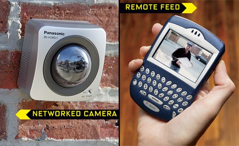 Left: a networked front door camera. Right: a person using a cell phone to look at a remote feed of a person delivering pizza to their home.