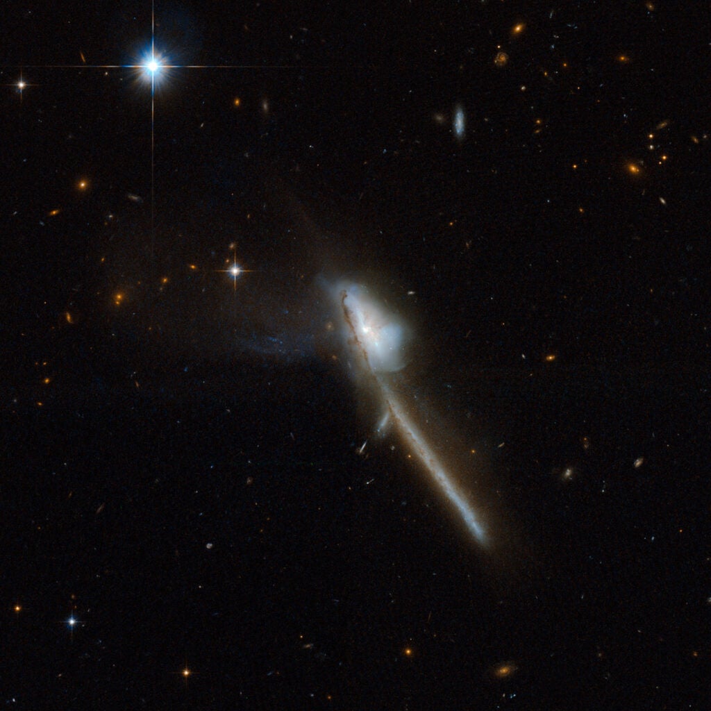 Markarian 273 is a galaxy with a bizarre structure that somewhat resembles a toothbrush. The Hubble image shows an intricate central region and a striking tail that extends diagonally towards the bottom-right of the image. The tail is about 130 thousand light-years long and is strongly indicative of a merger between two galaxies. Markarian 273 has an intense region of starburst, where 60 solar masses of new stars are born each year. Near-infrared observations reveal a nucleus with two components. Markarian 273 is one of the most luminous galaxies when observed in the infrared, and is located 500 million light-years away from Earth.
