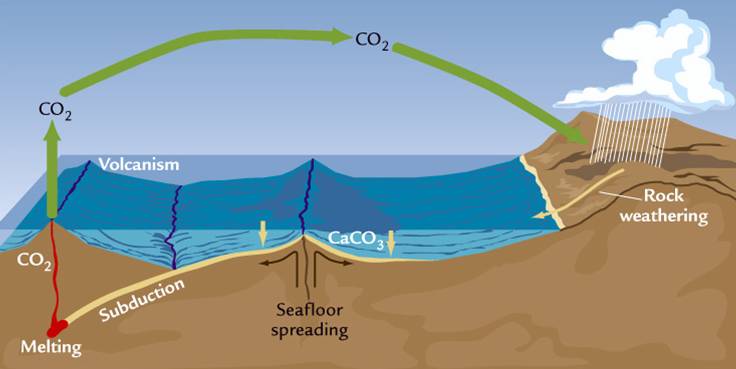 Weathering removes carbon dioxide from the atmosphere and delivers it to the ocean, where it combines with calcium to form limestone. Limestone is drawn under the Earthâs crust by the movement of tectonic platesâââa process known as subduction. Heat separ