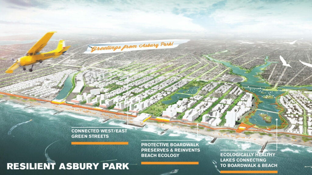 The scenario for improving the resilience of New Jersey shore towns is one of the most complex: It has to to tackle the economic, cultural, and emotional needs people associate with "the beach," while also incorporating different geological and environmental factors. For Asbury Park, the proposal includes a protective, yet accessible, boardwalk-dune combo infrastructure along the oceanfront; and creation of "green, hyper-absorbent streets" to contain and filter flood water while draining it into coastal lakes ringed with with wetlands.