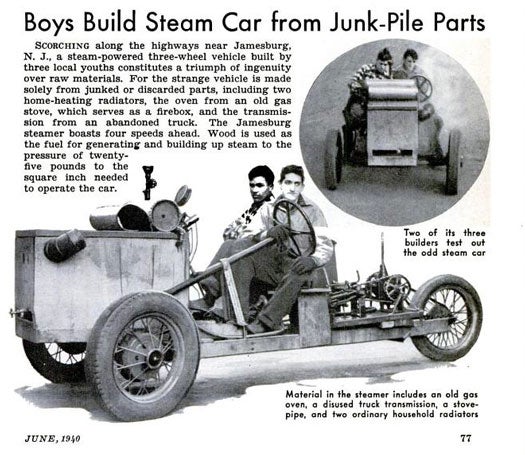 Two boys from Jamesburg New Jersey, in a steam-powered car, in the June 1940 issue of Popular Science magazine.