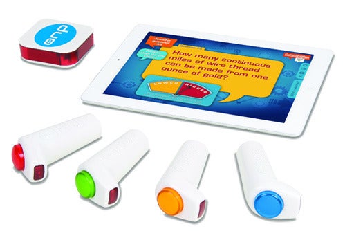 The Duo Pop iPad game system works with a suite of apps, including a trivia game, to mimic the style of a fast-paced quiz show. Pressing one of the four buzzers sends an infrared signal—rather than a sometimes-laggy Bluetooth wave—to the base station, which beams a soft sound pulse to the iPad's microphone. <a href="http://discoverybaygames.com/appcessories/duo-pop">Discovery Bay Games Duo Pop:</a> from $40