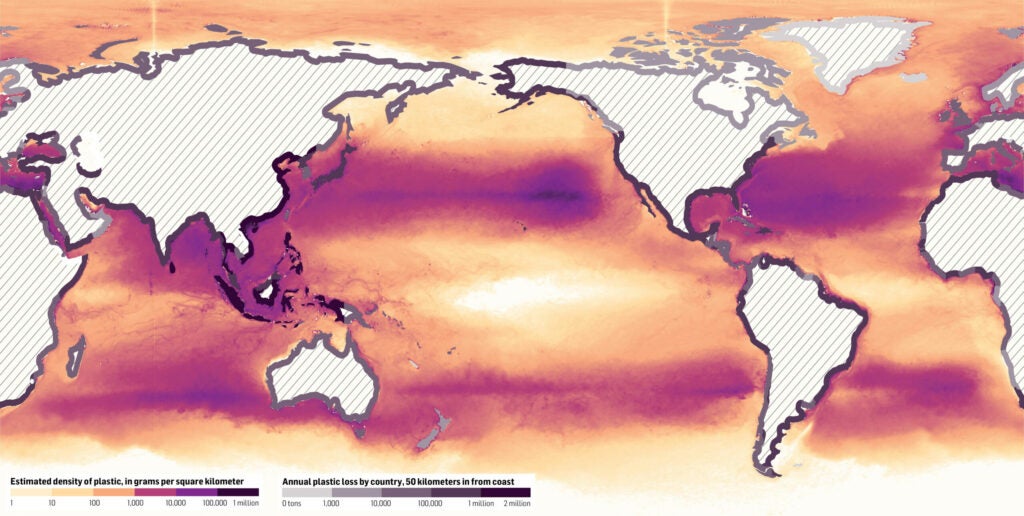 Global map showing plastic density in the oceans, with overlay showing what countries likely contribute the most.