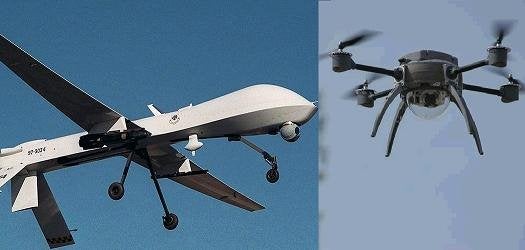 The armed RQ-9 Reaper MQ-1 Predator, seen on the left, is visually distinct from the Aeryon Scout Quadrotor. The Reaper is also six almost eleven times as long.