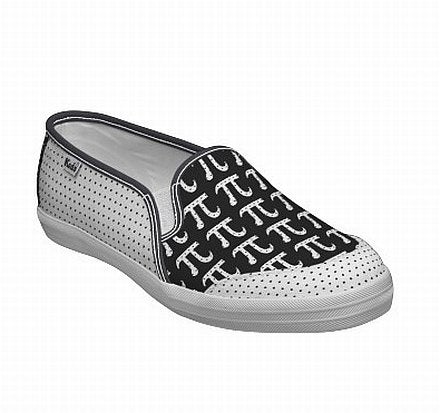 Who has time to tie laces when you've got circumferences on the brain? Slip into these <a href="http://www.zazzle.com/black_and_white_polka_dot_pi_slip_ons_shoes-167981443417932164">pi-bedecked Keds</a> and you'll be walking on cloud 3.14159... ($67.50)