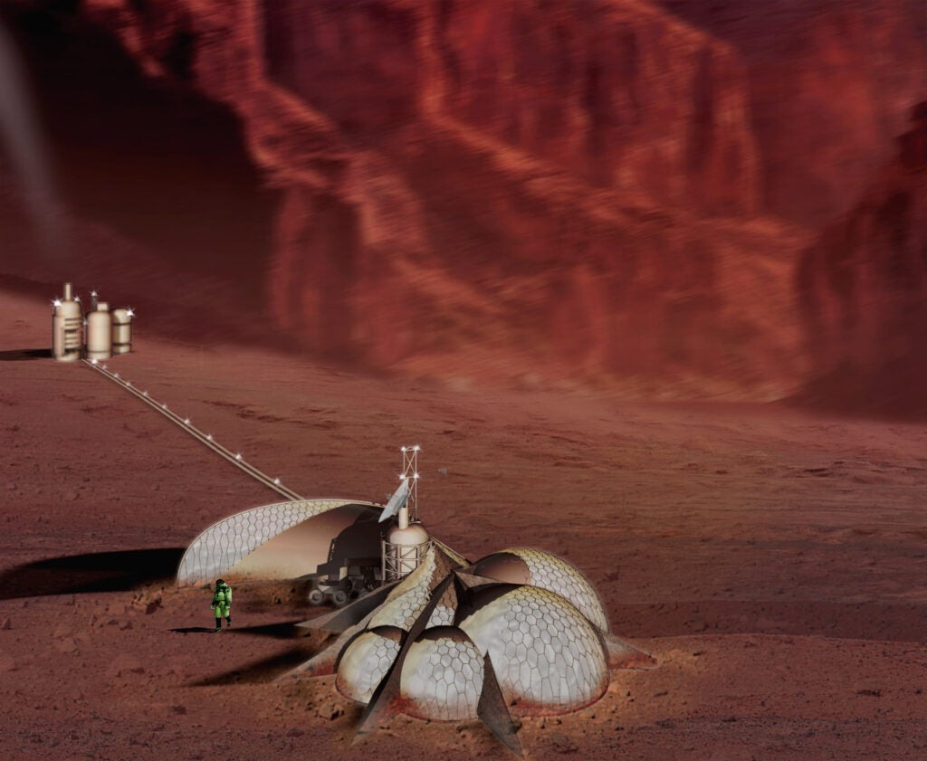 Martian sand contains two valuable resources: iron and silica. This team proposes to isolate these elements from the soil and use them to create a bulbous structure comprise of an iron latticework paned in a granite-like silica. "The resulting steel and silica forms will serve as bunkers," they write, "protecting the Martian inhabitants against solar radiation, small bolide impact, strong prevailing winds, and related sand storms."