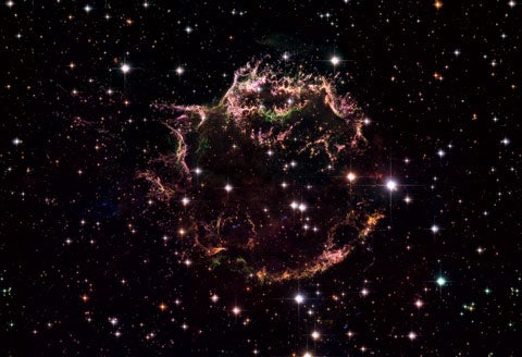 A Milky Way supernova is providing clues to the origins of planets-and people Cassiopeia A, the remnants of the most recent star to explode in our Milky Way galaxy, is only 10,000 light-years away, close enough for astronomers to get a detailed look at it through the Hubble Space Telescope. By comparing this composite image of Cas A with one taken nine months earlier, scientists have discovered that the glowing cloud of debris left behind by the supernova is not expanding uniformly, as was once assumed. Instead two opposing jets of material are moving at 32 million mph, about 20 million mph faster than the rest of the debris [in this image, one stream extends from the upper left side of Cas A]. Another surprise: This view, which highlights different elements by color (for example, oxygen is shown as green), shows that materials of similar chemical composition remained clumped after the explosion. Supernovae are a major source of all elements heavier than hydrogen and helium and the primary source of heavy elements like iron. These scattered elements eventually coalesce into new stars and planets. They are also what we´re made of.