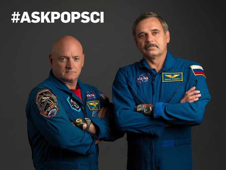 NASA astronaut Scott Kelly (left), Expedition 43/44 flight engineer and Expedition 45/46 commander; and Russian cosmonaut Mikhail Kornienko, Expedition 43-46 flight engineer, take a break from training at NASA?s Johnson Space Center to pose for a portrait. Photo credit: NASA/Bill Stafford
