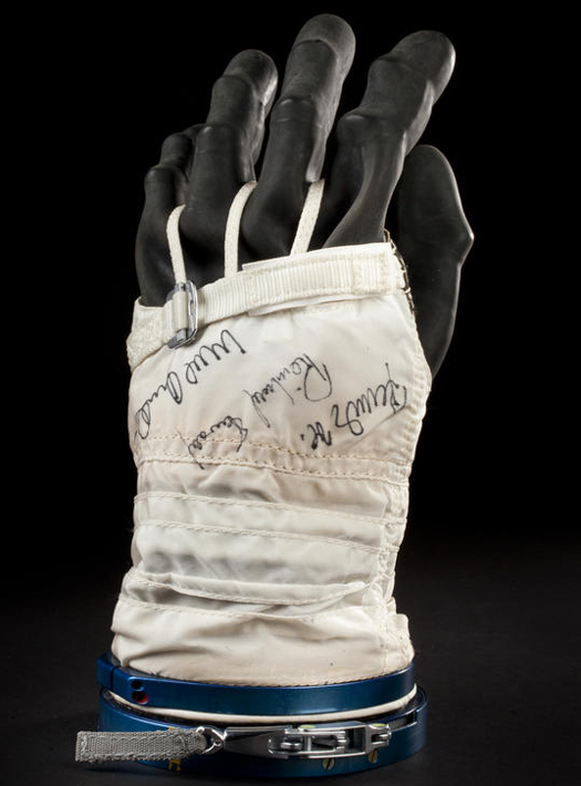 This glove comes from a pressure suit worn in training by Aleksander Kaleri, a Latvian-born cosmonaut who has spent the second-longest time in space of any person. It's also signed by two German astronauts and Vladimir Remek, a Czechoslovak cosmonaut considered to be the first astronaut from the European Union.