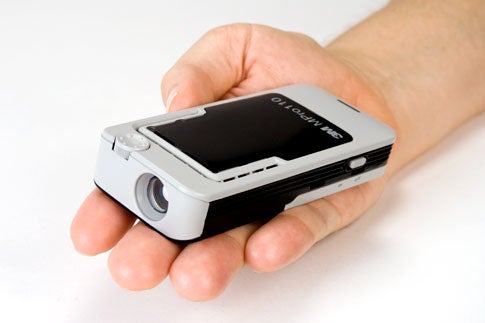 A thumbwheel on the front adjusts the manual focus. The projector easily fits in one hand.